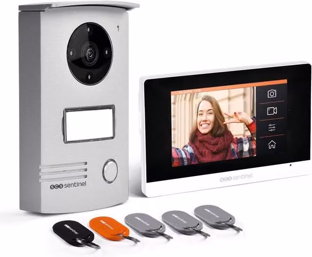 Videoportero cableado Sentinel VisioDoor+ de 4,3 pulgadas con placas RFID en aluminio de color gris, negro, naranja o plata