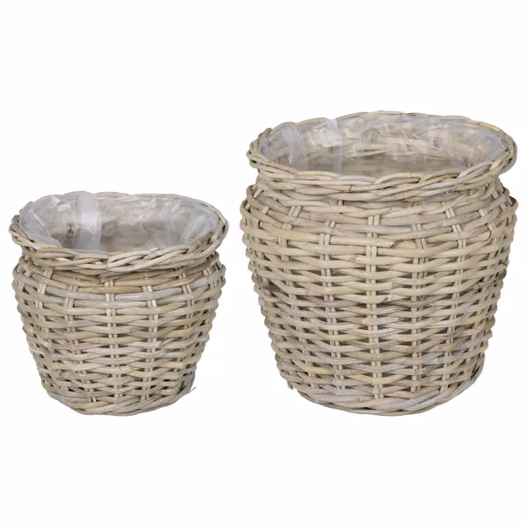 Set de 2 cestas para plantas vidaXL GENDT de ratán Kubu en color gris y beige con estilo rústico