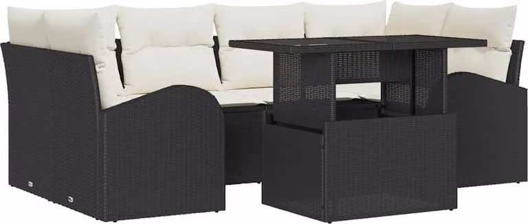 Conjunto de sofá de jardín Syfax de 7 piezas en poliratán negro con cojines y mesa de centro para terraza