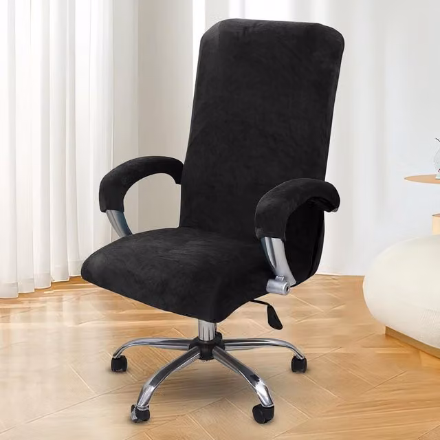 Funda elástica para silla de oficina con reposabrazos Neptune en terciopelo negro, talla L, lavable y desmontable
