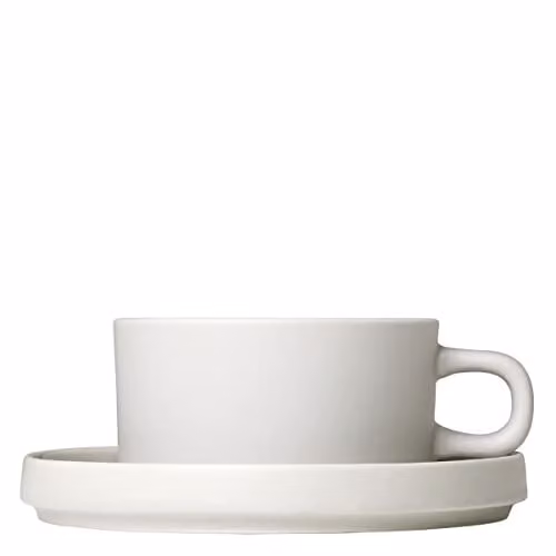 Set de 2 tazas de té con plato Pilar Moonbeam de Blomus en cerámica gris y blanca