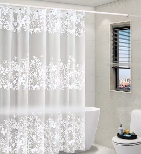 Cortina de ducha XISRENS con cenefa, tejido de punto semi transparente con estampado floral victoriano en color blanco, estilo shabby chic, 183 x 183 cm