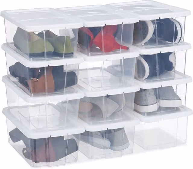 Lote de 48 cajas apilables para zapatos Relaxdays de plástico con tapa, transparente y blanco, An/P/Al: 12,5 x 20 x 34,5 cm