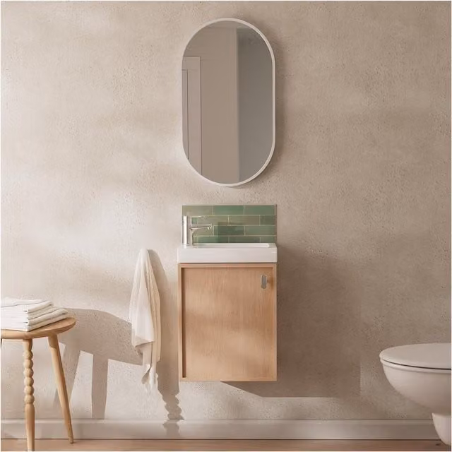 Juego de mueble para lavamanos y armario con espejo Mob-In en acabado roble y diseño moderno con puertas de cierre suave