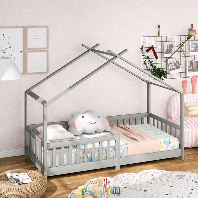 Cama Casita Individual MODENVIE de Madera Maciza de Pino con Barandillas de Seguridad y Estructura de Casa en Gris Claro, An/P/Al: 90 x 200 x 150 cm