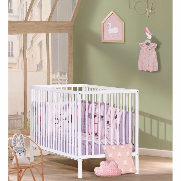 Cuna de madera de haya lacada blanca con listones de perímetro completo BABY PRICE An/P/Al: 120 x 60 x 84 cm