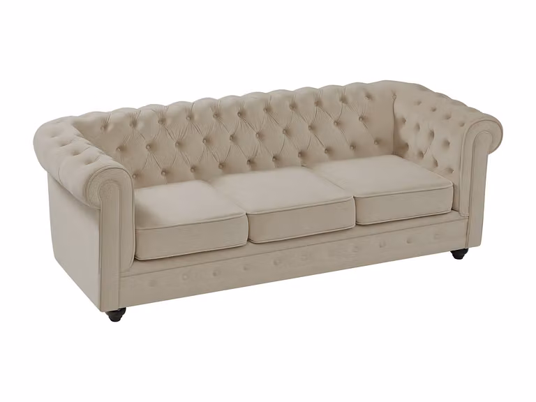Sofá Chesterfield de 3 plazas tapizado en terciopelo beige con estructura de madera sólida de VENTE-UNIQUE - An: 205 cm, Al: 72 cm, P: 88 cm