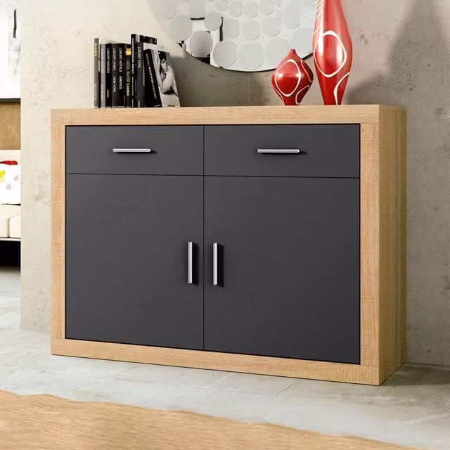 Aparador de alta capacidad Duehome con 2 puertas y 2 cajones en color cambria y grafito, An/P/Al: 120 x 41,4 x 90,2 cm