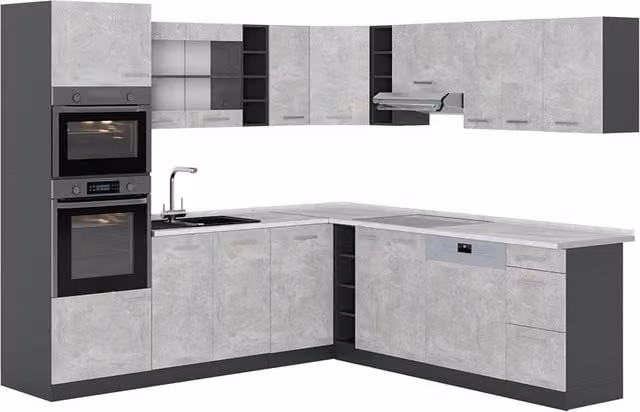 Cocina esquinera moderna Vicco en color gris antracita con puertas de cristal y acabado mate