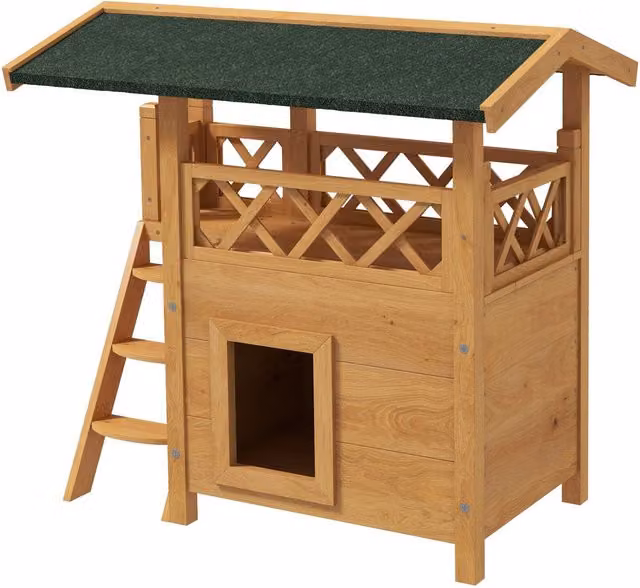 Casa de madera para gatos NORTHIX de 2 plantas con balcón y tejado de asfalto en color marrón y verde