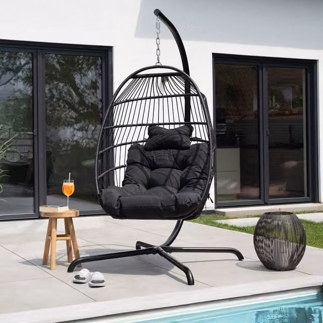 Silla colgante LOMA de Home Deluxe, modelo huevo para adultos en color negro con cojines incluidos y estructura de acero con soporte para exterior