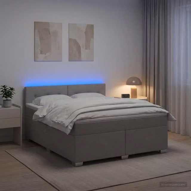 Cama Maison Exclusive con base tapizada en tela gris, colchón híbrido y luz LED con puerto USB, An/P/Al: 180 x 200 x 46 cm