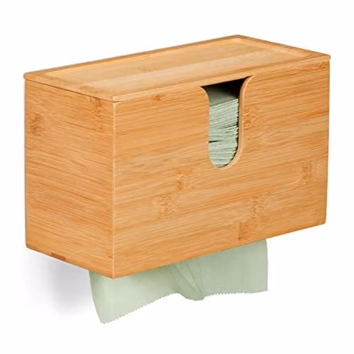 Dispensador de papel secamanos con tapa y estante de Relaxdays, fabricado en bambú, color beige o marrón, para instalación de pared en baño o cocina, An/P/Al: 27 x 13 x 17 cm
