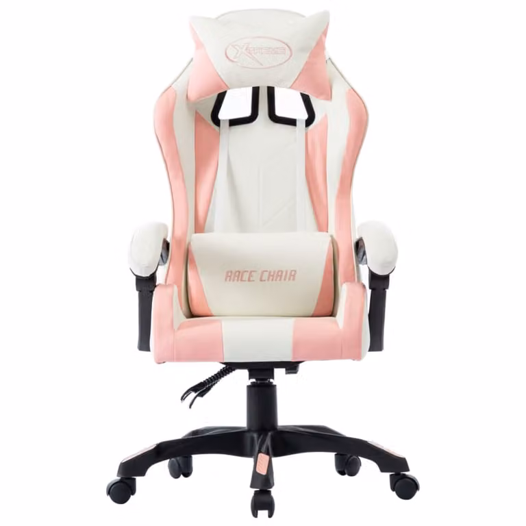 Silla gaming Maison Chic en cuero sintético rosa y blanco con reposacabezas, An/P/Al: 64 x 65 x 111,5 cm
