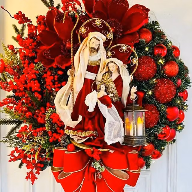Corona de flores artificiales roja COOCHEER para decoración navideña, Diámetro: 30 cm