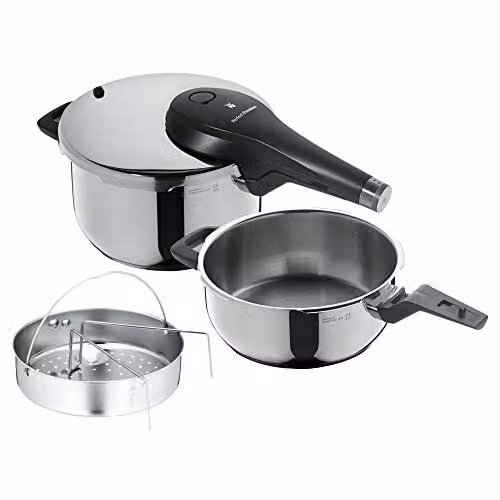 Set de ollas a presión WMF Perfect Premium en acero inoxidable color plata con cestillo de vapor para inducción