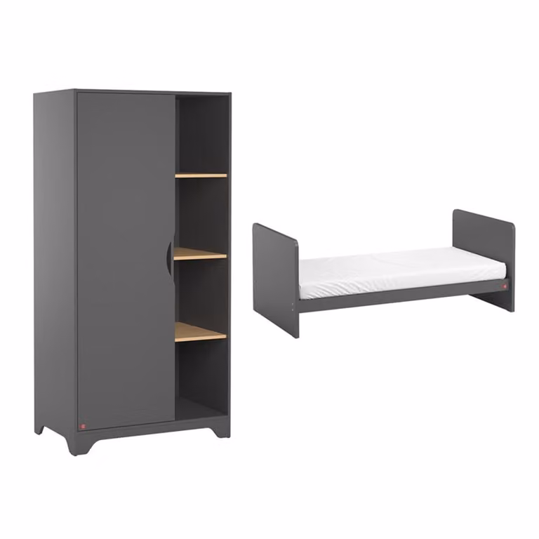 Cuna evolutiva con caída lateral y armario de una puerta Vox en color gris y madera para habitación infantil