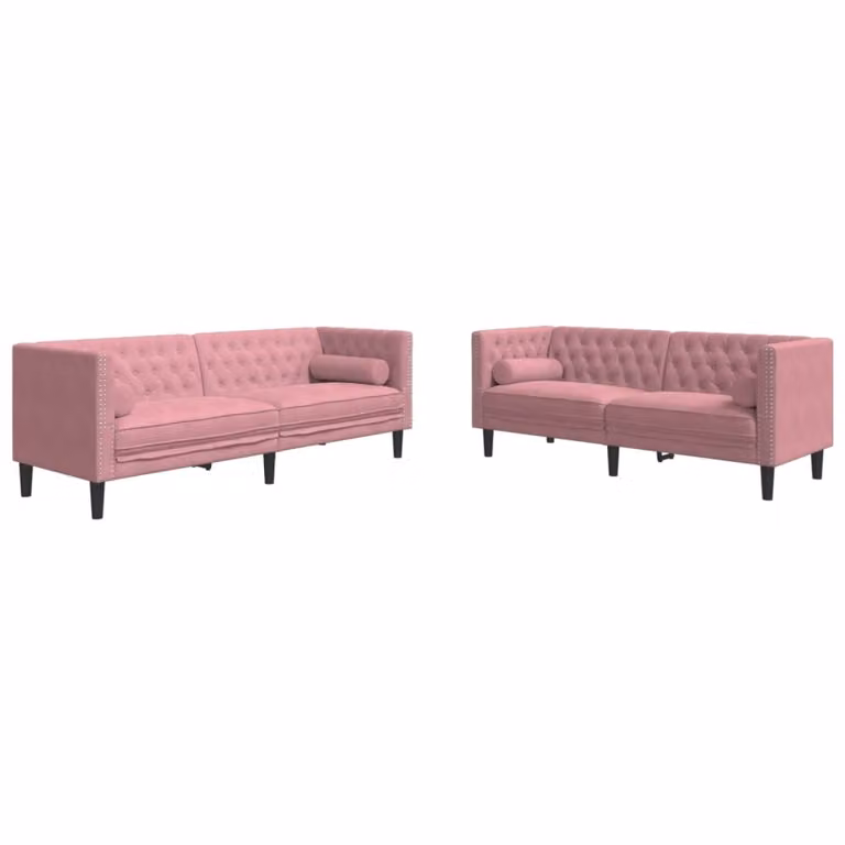 Set de 2 sofás Chesterfield vidaXL tapizados en terciopelo rosa con cojines y estructura de madera sólida