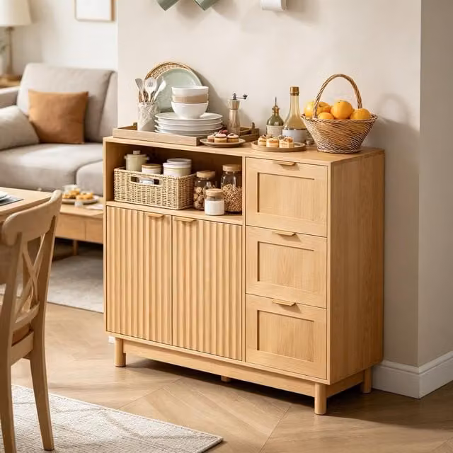 Aparador bajo de cocina DREAMMESPACE con 3 cajones y estante ajustable en color beige, An/P/Al: 90 x 35 x 80 cm