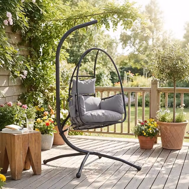 Silla colgante huevo Outsunny con soporte y cojines, columpio de jardín para exterior e interior en gris, An/P/Al: 95 x 115 x 192 cm