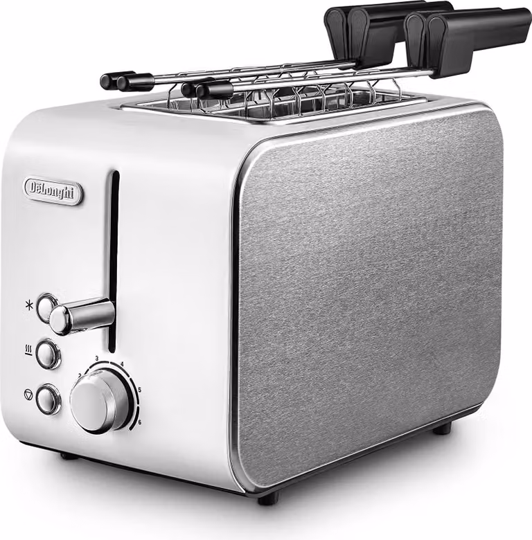 Tostadora De'Longhi CTX 2203.W de 2 rebanadas en color blanco y plateado con acabado en acero inoxidable y 550 W