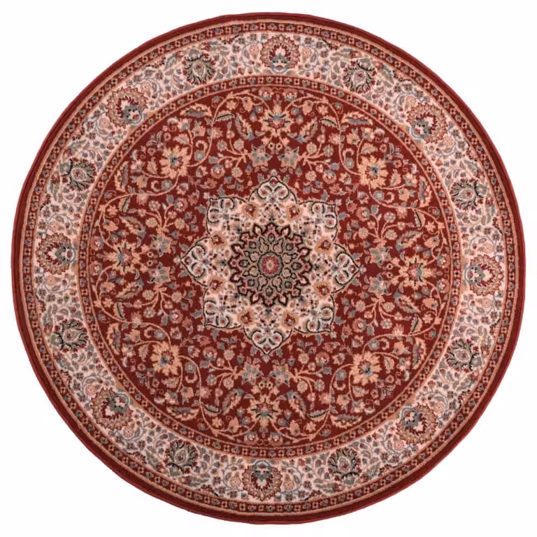 Alfombra oriental floral de lana natural roja de theko, redonda y tejida a máquina