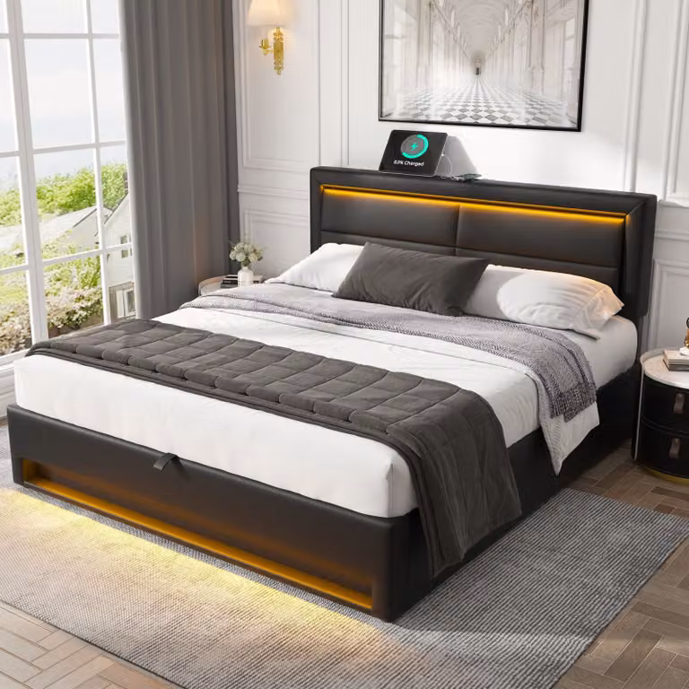 Cama tapizada STILVORA con cajón de almacenamiento, iluminación LED y puertos USB, An/P: 140 x 190 cm, color negro