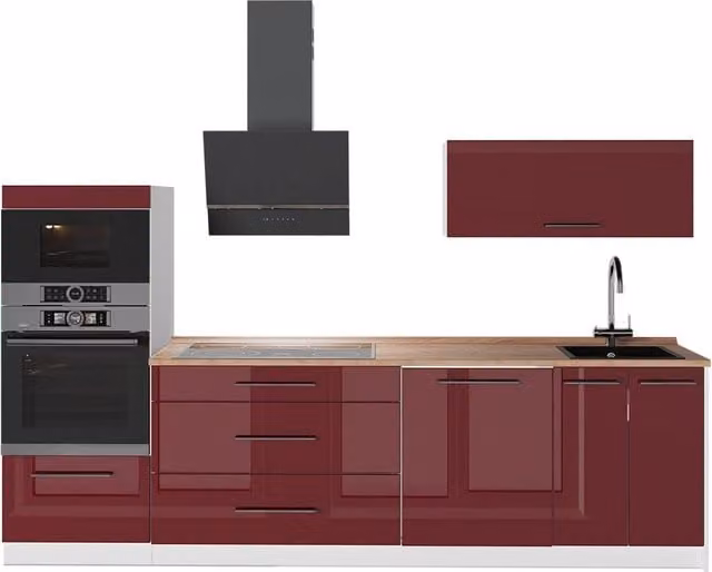 Mueble de cocina Vicco Fame-Line en rojo burdeos alto brillo, blanco y roble con puertas de cierre suave y cajones, 280 cm