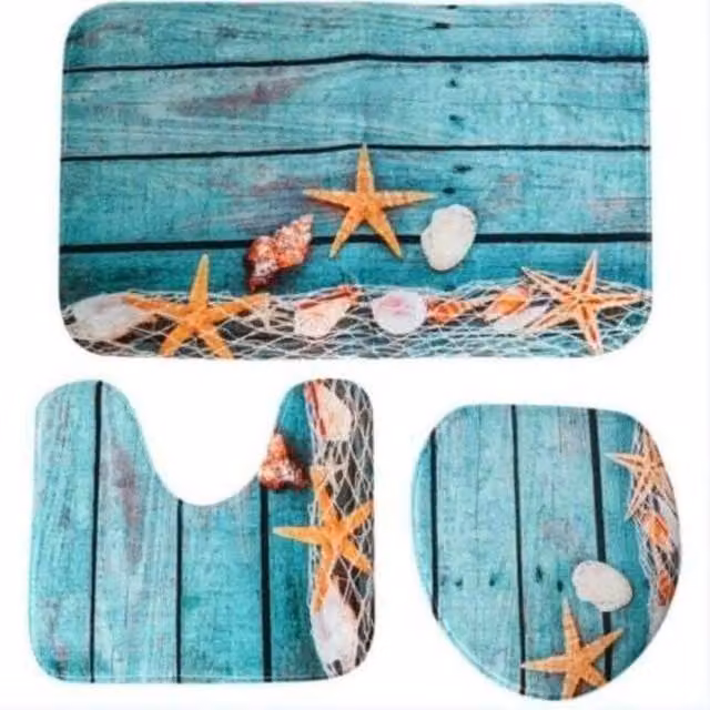 Juego de 3 alfombrillas de baño antideslizantes ENOWELIR con diseño náutico de conchas y estrellas de mar en color turquesa y multicolor