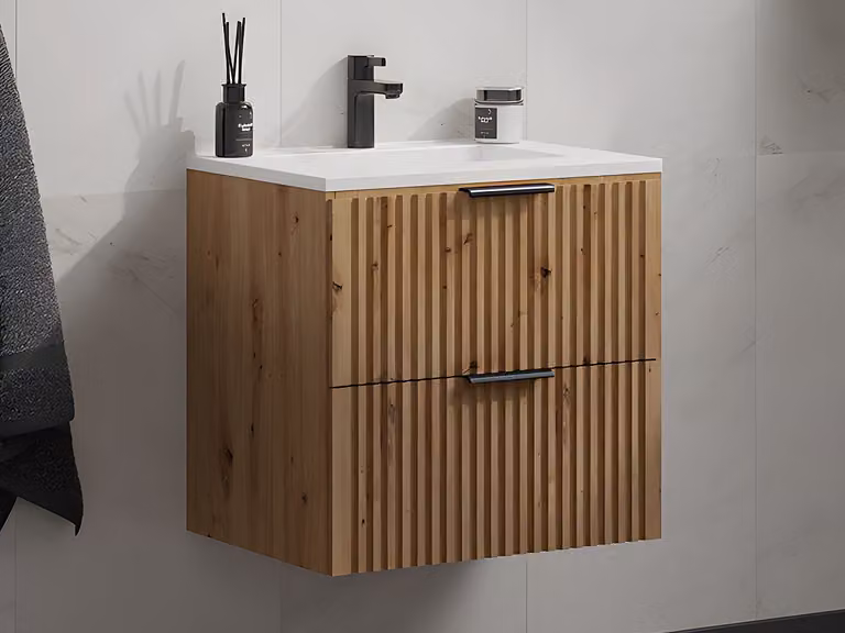Mueble de baño suspendido VENTE-UNIQUE con puertas y cajones, acabado mate en blanco, beige y marrón, An/P/Al: 60 x 46 x 35 cm
