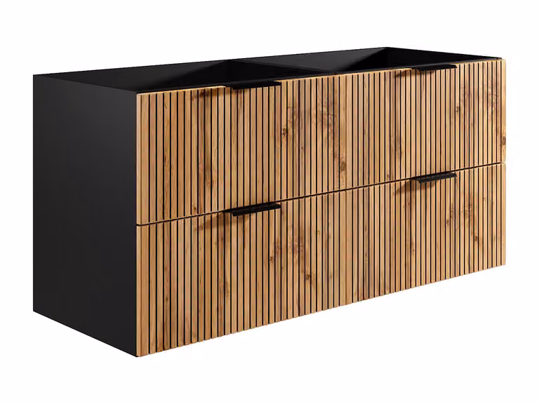 Mueble suspendido bajo lavabo estriado VENTE-UNIQUE en blanco, negro y beige con puertas y cajones y cierre suave
