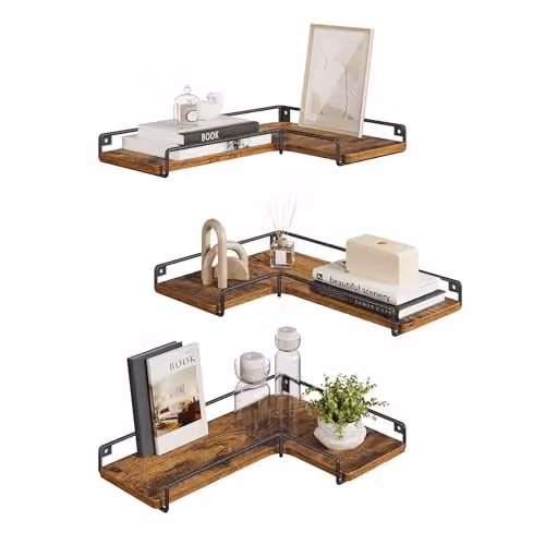 Juego de 3 estantes de esquina en forma de L VASAGLE de estilo industrial en color marrón para salón, cocina o dormitorio