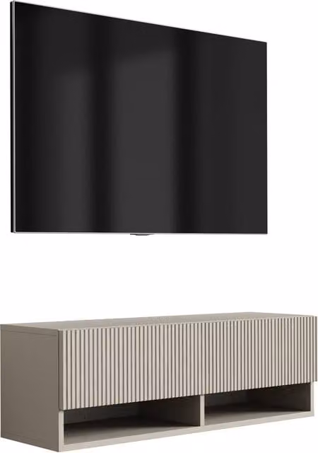 Mueble de TV moderno de 3XE LIVING con frente ranurado y acabado mate, disponible en blanco, negro o beige, An/P/Al: 100 x 32 x 33,6 cm