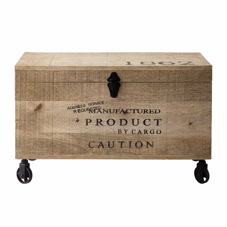 Baúl de madera con ruedas estilo industrial MILTON en color marrón y negro, Ancho: 70 cm