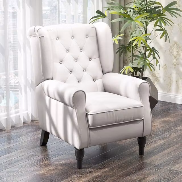 Sillón de estilo francés PZCC en terciopelo blanco con diseño capitoné, reposabrazos y patas de madera para dormitorio, salón u oficina
