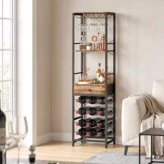 Botellero Homcom de estilo industrial en madera y metal color marrón y negro, An/P/Al: 40 x 30 x 148 cm