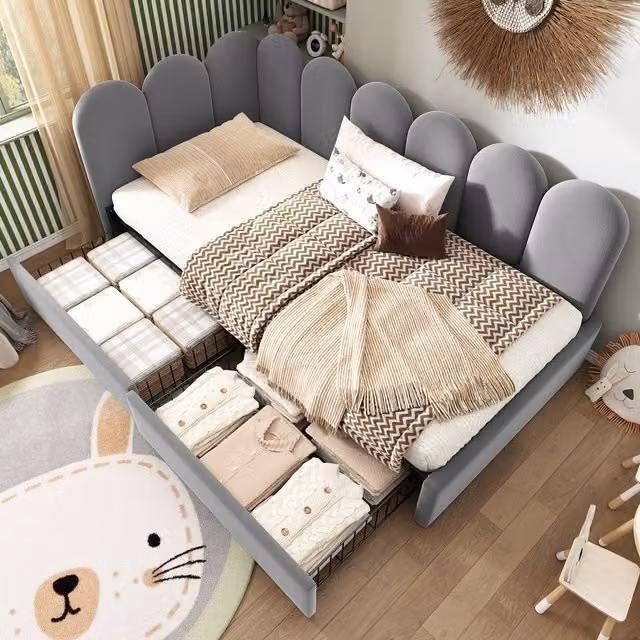 Cama Nido Individual MODENVIE con 2 Cajones y Respaldo Acolchado en Terciopelo Gris, An/P: 90 x 190 cm