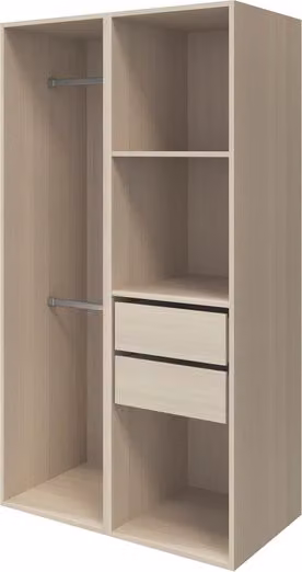 Armario completo Homny de 2 columnas en color roble y beige con puertas batientes y cajones integrados