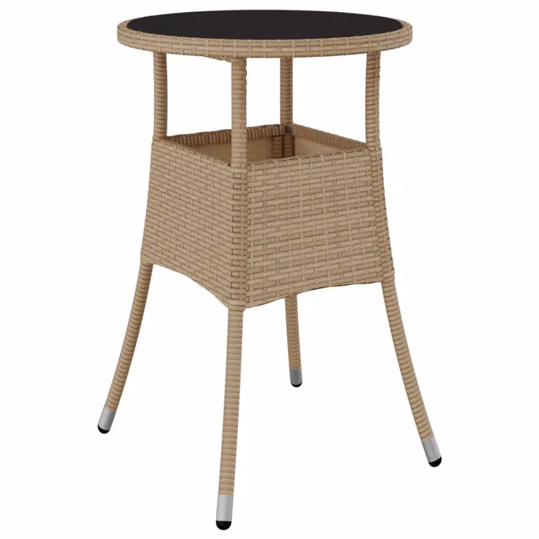 Mesa de jardín Syfax de ratán sintético y vidrio templado en color beige, forma redonda, Diámetro: 60 cm, Altura: 75 cm