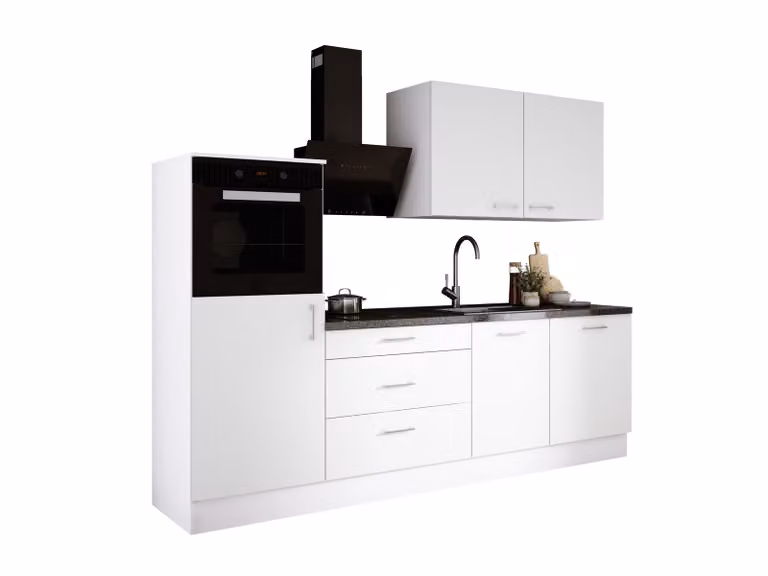 Conjunto de cocina moderno de 3E 3xE living.com en color blanco mate con puertas batientes, cajones internos y estantes, An/P/Al: 250 x 60 x 220 cm