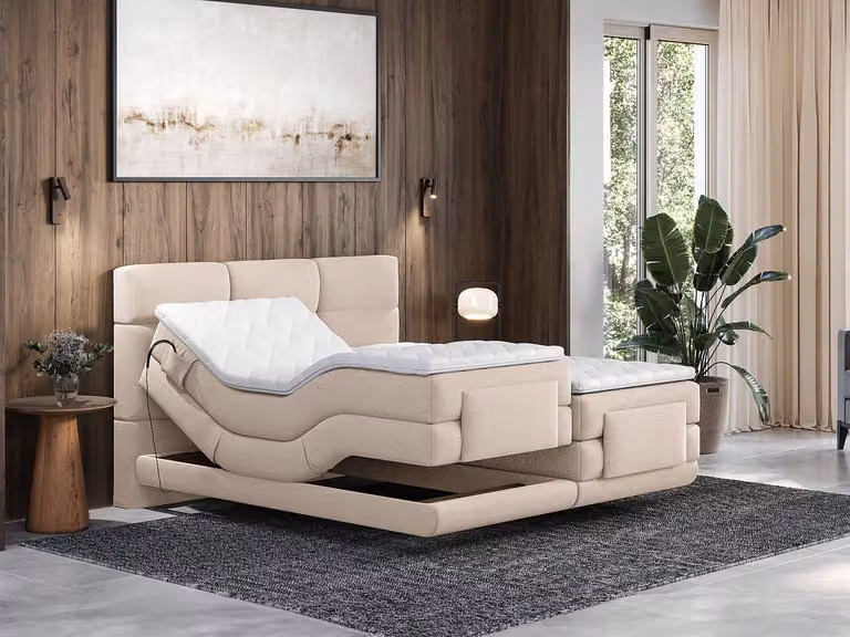 Conjunto Boxspring LODI de PALACIO con cabecero tapizado, somieres relax eléctricos, colchón de muelles ensacados y cubrecolchón, color beige, An/P/Al: 90 x 200 x 188 cm (2 unidades)