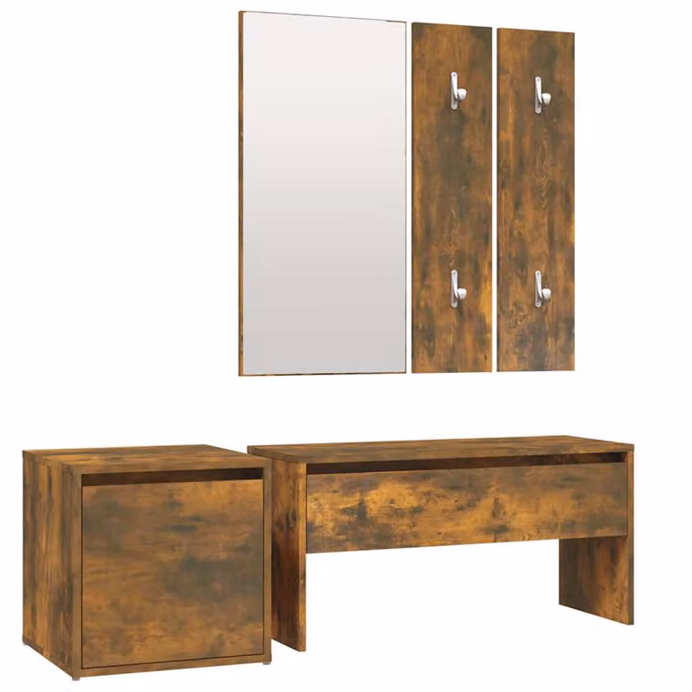 Set de muebles de recibidor vidaXL de madera en roble ahumado con banco, espejo y estante de pared para pasillo