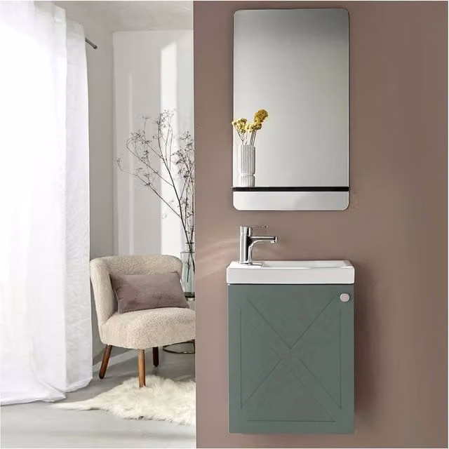 Mueble de baño AVA con lavabo y espejo en color verde gris y blanco, diseño de fondo reducido, An/P/Al: 48 x 41 x 20 cm