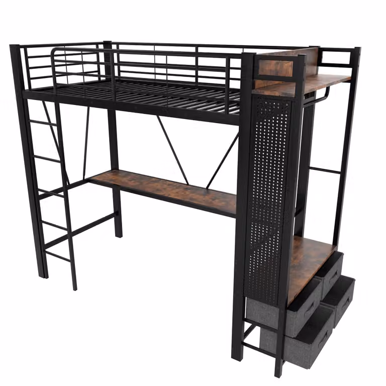 Cama alta individual MODFU con escritorio y estantería integrados, 4 cajones y estructura de metal y MDF, An/P: 90 x 200 cm, color negro y multicolor