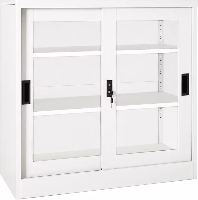 Armario moderno de metal y cristal con puertas correderas vidaXL en color blanco, An/P/Al: 90 x 40 x 90 cm