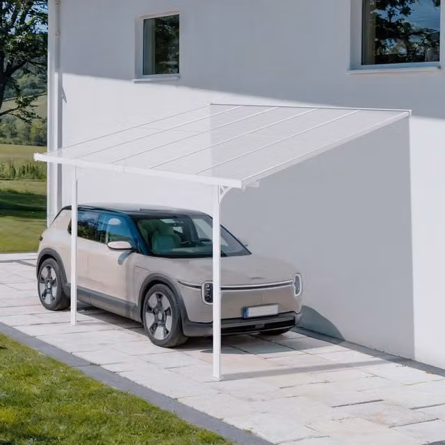 Cazeboo Pérgola y Carport Adosado Kléo de Aluminio Blanco con Cubierta de Policarbonato Transparente An/P: 300 x 300 cm, Al: 270 cm