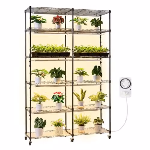 Soporte para Plantas VEVOR con Luz de Cultivo de 200 W, Estante de 6 Niveles con Ruedas y Temporizador Mecánico, Color Negro, An/P/Al: 120 x 35 x 180 cm