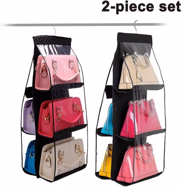 Juego de 2 organizadores colgantes para bolsos XISRENS de color negro con 6 bolsillos y material plástico resistente al polvo