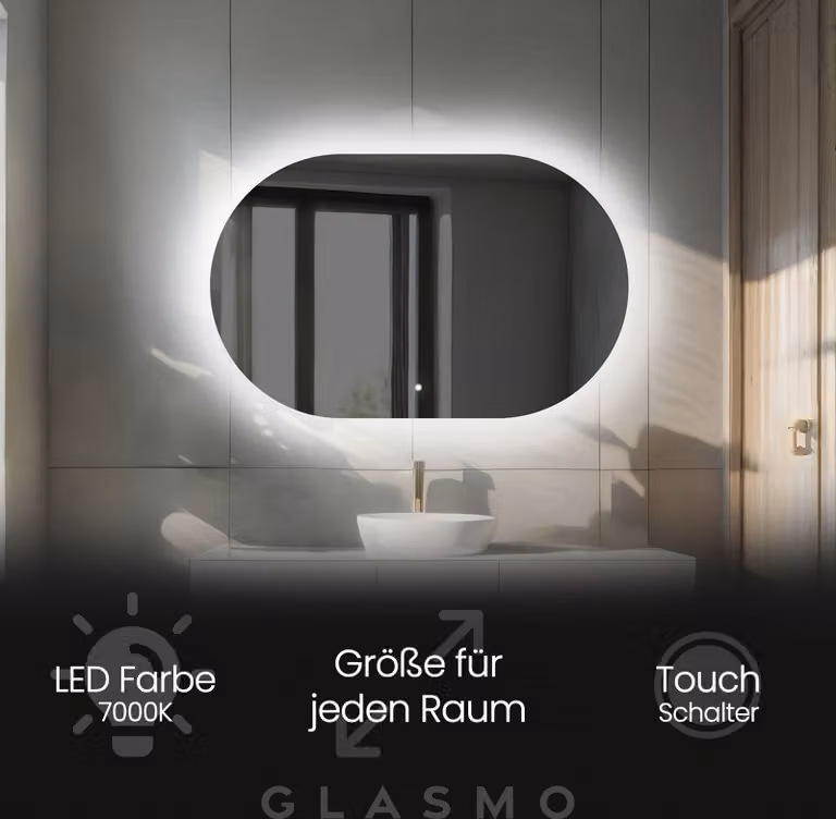 Espejo de baño ovalado Artforma con iluminación LED y interruptor táctil, color blanco y transparente, An/Al: 140 x 90 cm