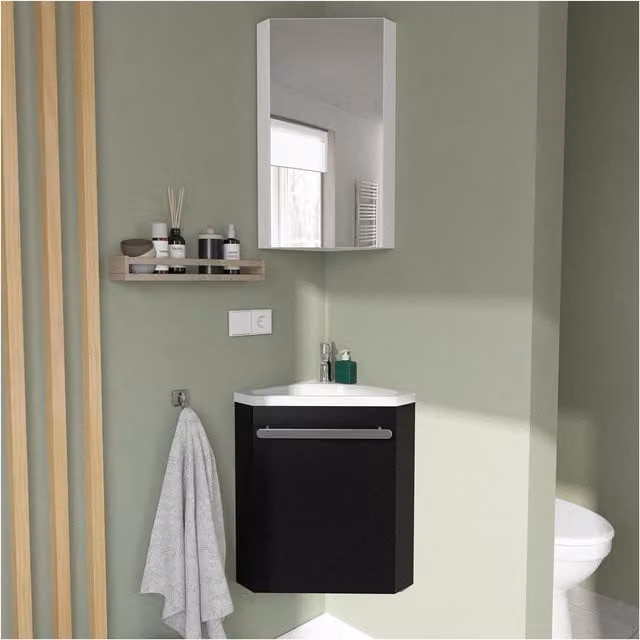 Mueble de baño de esquina Skino con lavabo y espejo en negro mate, diseño moderno y fondo reducido An/P/Al: 35 x 35 x 53 cm